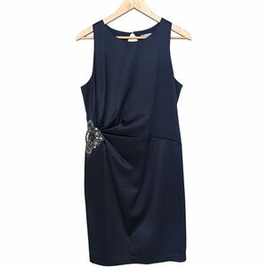 Eliza J Satin Navy Sleeveless, Back Cutout Dress with Embellished Accent SZ 14
